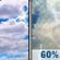 Today: Showers and thunderstorms likely after noon. Partly sunny, with a high near 76. Southwest wind around 5 mph. Chance of precipitation is 60%. New rainfall amounts less than a tenth of an inch possible. Today: Partly Sunny then Showers And Thunderstorms Likely